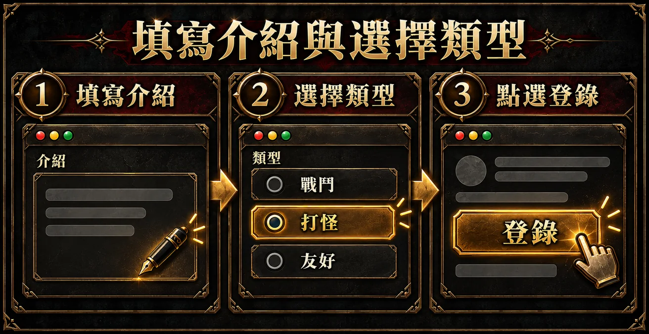 填寫介紹與選擇類型後登錄